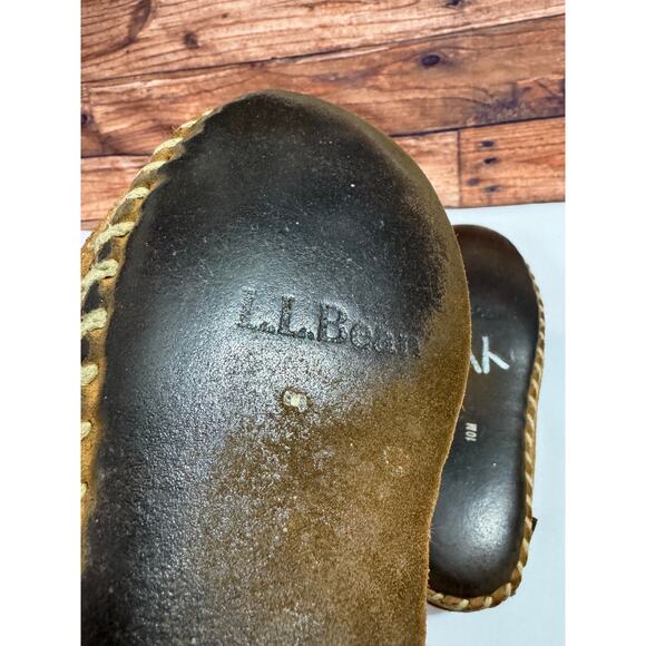 L.L. Bean Scuff Slippers Mens Size 10M Brown Leather Lamb wool Flat